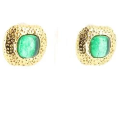 Boucles D'oreilles Vintage Yves Saint Laurent Dorées Avec Carré Central En Verre Coulé Vert. -Yves Saint Laurent 439509 3