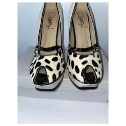 Yves Saint Laurent YSL Tribute Peeptoe Mary Janes Noir Blanc Écru -Yves Saint Laurent 554088 6