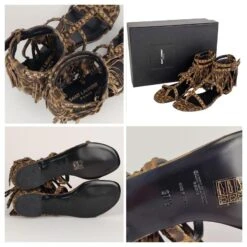 Yves Saint Laurent Sandale Femme Saint Laurent En Cuir Tacheté à Franges (UE 37.5) Marron