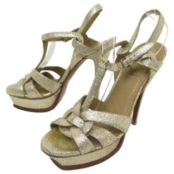 CHAUSSURES YVES SAINT LAURENT TRIBUTE 193098 38.5 CUIR FACON LEZARD SANDALS Doré