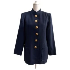 Yves Saint Laurent Manteau De Ville Vintage En Crêpe De Laine Bleu Marine