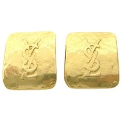 VINTAGE BOUCLES D'OREILLES CLIPS YVES SAINT LAURENT LOGO YSL METAL DORE EARRINGS Doré