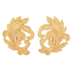 VINTAGE BOUCLES D'OREILLES YVES SAINT LAURENT FEUILLES METAL DORE GOLD EARRINGS Doré