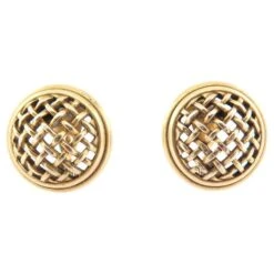 VINTAGE BOUCLES D'OREILLES YVES SAINT LAURENT RONDES GRILLAGE WIRE MESH EARRINGS Doré
