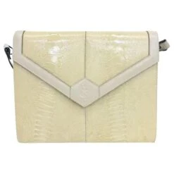 Yves Saint Laurent Sac Bandoulière Bandoulière Cuir Embossé Crocodile Jaune Ivoire Beige